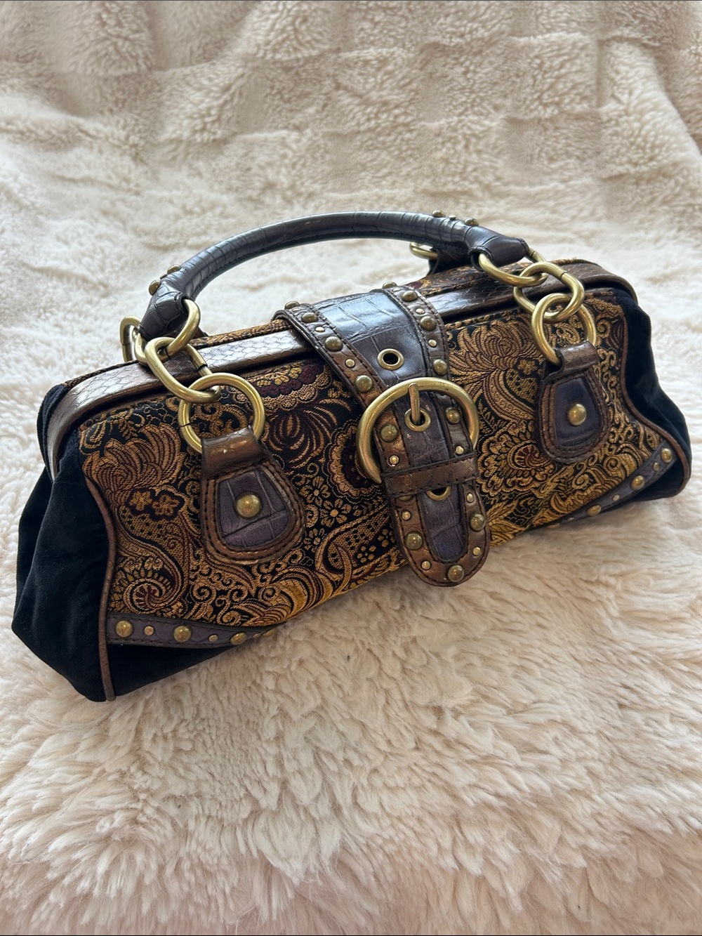 Vintage Nine West Ornate- Floral Jacquard Handbag with Brown & Purple Trim